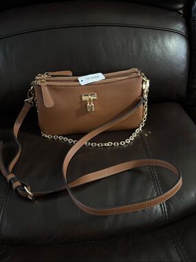 GUESS Tan-Brown Saffiano Crossbody with Gold Chain